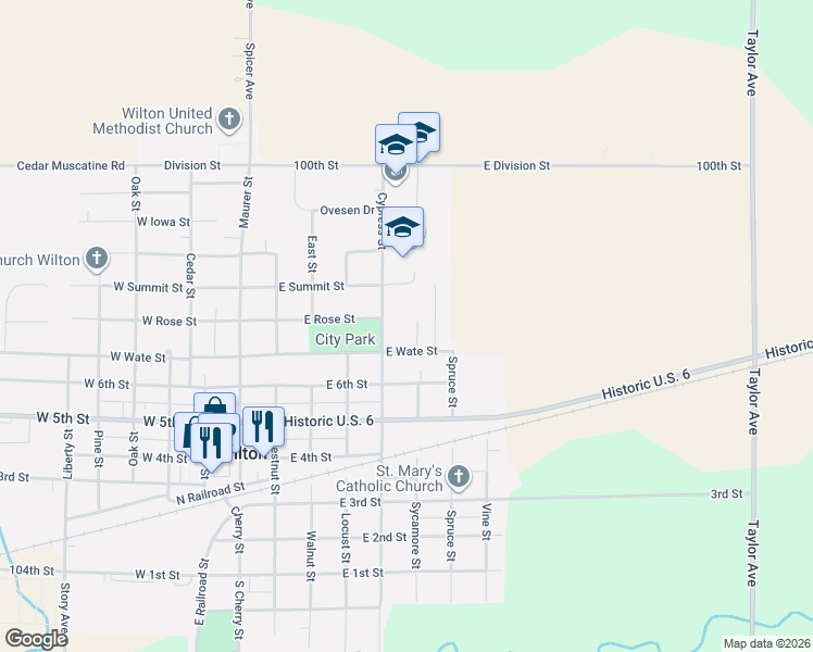 map of restaurants, bars, coffee shops, grocery stores, and more near 501-599 East Wate Street in Wilton