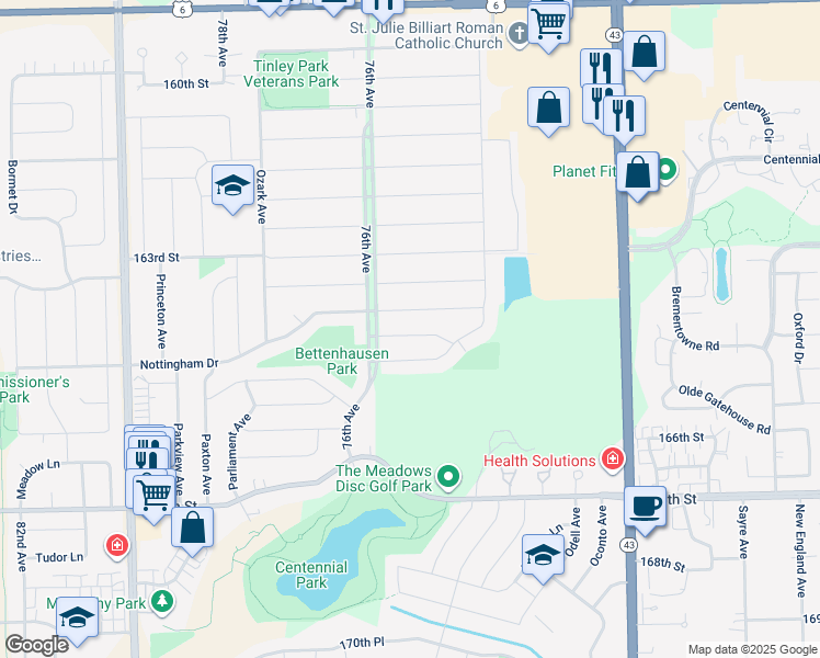 map of restaurants, bars, coffee shops, grocery stores, and more near 7522 164th Place in Tinley Park