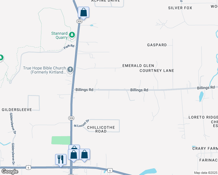 map of restaurants, bars, coffee shops, grocery stores, and more near 8345 Billings Road in Kirtland