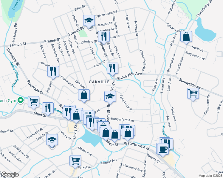 map of restaurants, bars, coffee shops, grocery stores, and more near Buckingham Street & Falls Terrace in Watertown