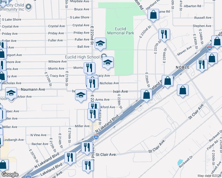map of restaurants, bars, coffee shops, grocery stores, and more near 22676 Ivan Avenue in Euclid