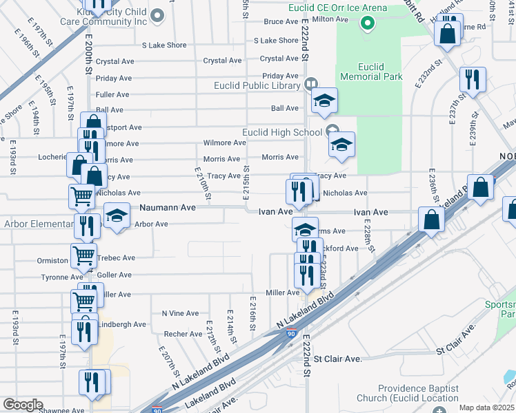 map of restaurants, bars, coffee shops, grocery stores, and more near 21651 Ivan Avenue in Euclid