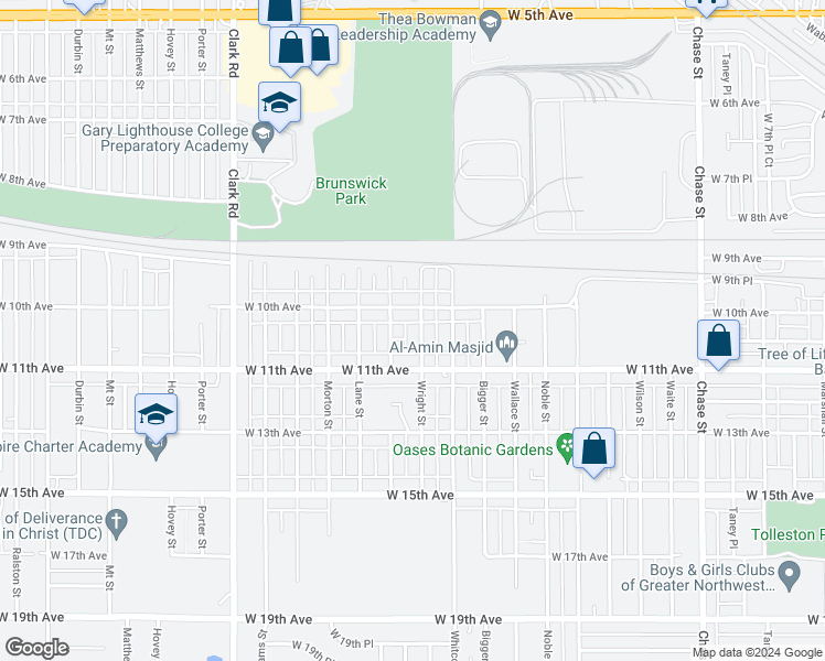 map of restaurants, bars, coffee shops, grocery stores, and more near 1030 Wright Street in Gary