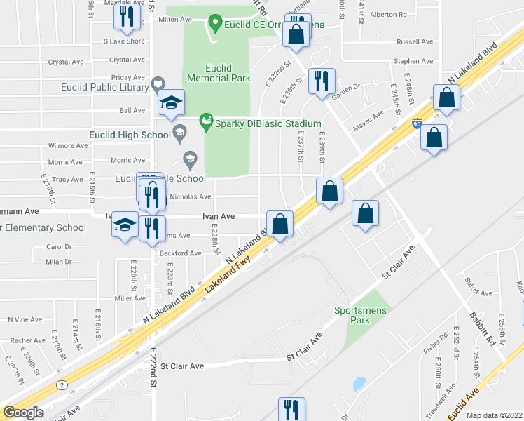 map of restaurants, bars, coffee shops, grocery stores, and more near 23251 Ivan Avenue in Euclid