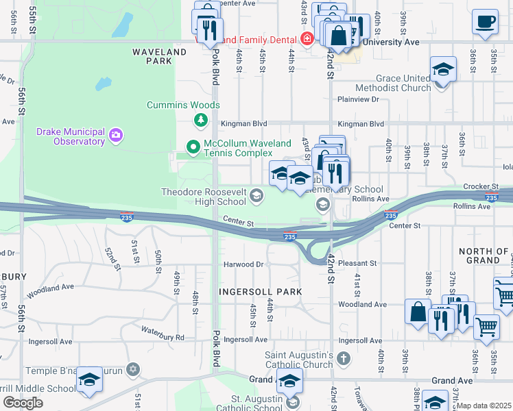 map of restaurants, bars, coffee shops, grocery stores, and more near 4419 Center Street in Des Moines