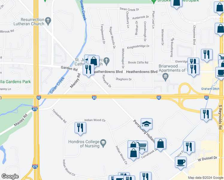 map of restaurants, bars, coffee shops, grocery stores, and more near 5825 Ryewyck Drive in Toledo
