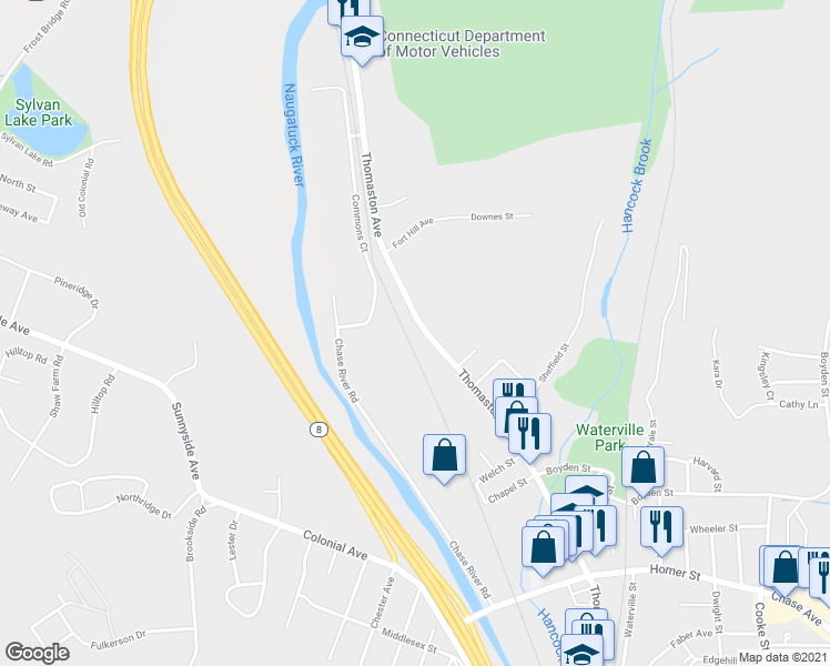 map of restaurants, bars, coffee shops, grocery stores, and more near 37 Commons Court in Waterbury