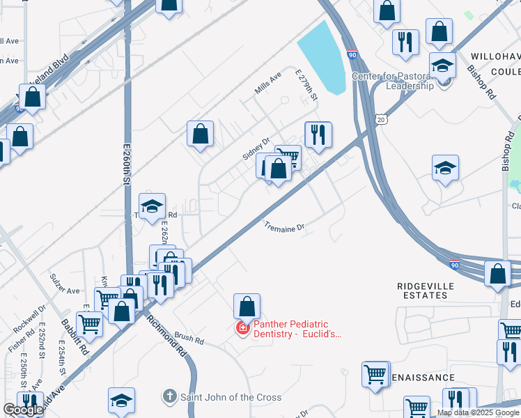 map of restaurants, bars, coffee shops, grocery stores, and more near 27101 Euclid Avenue in Euclid