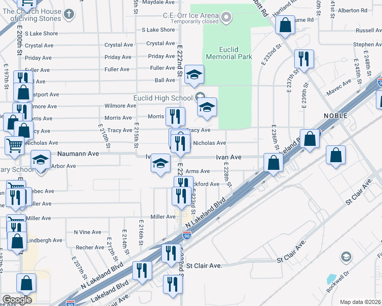 map of restaurants, bars, coffee shops, grocery stores, and more near 829 East 222nd Street in Euclid