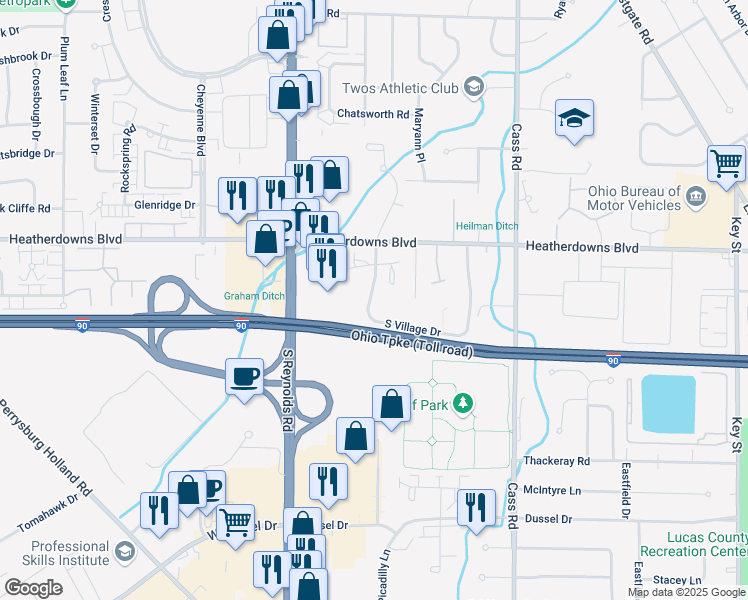 map of restaurants, bars, coffee shops, grocery stores, and more near 2604 West Village Drive in Toledo