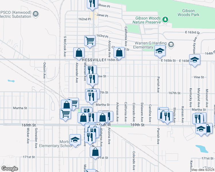 map of restaurants, bars, coffee shops, grocery stores, and more near 2901-2929 167th Street in Hammond