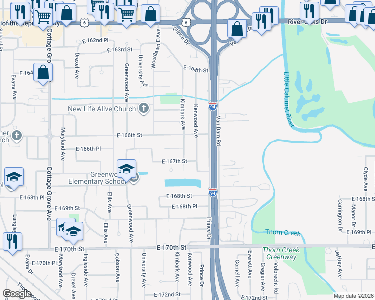 map of restaurants, bars, coffee shops, grocery stores, and more near 16637 Kimbark Avenue in South Holland