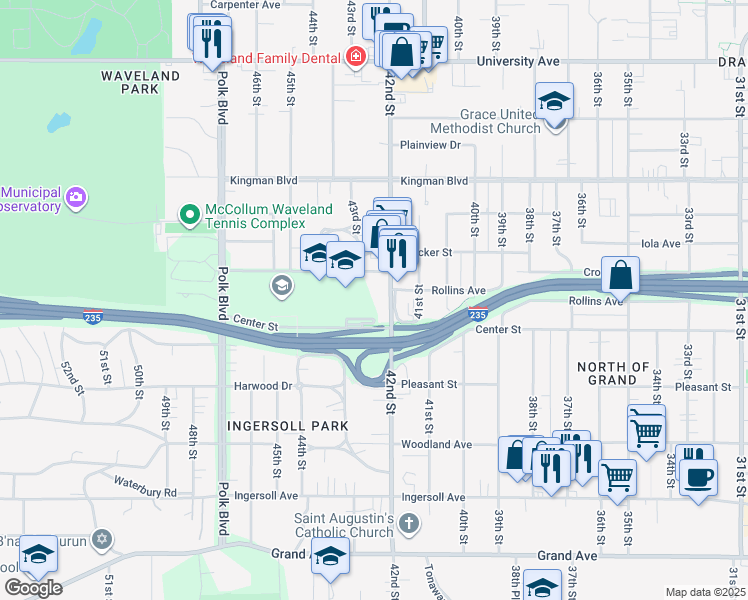 map of restaurants, bars, coffee shops, grocery stores, and more near 800 42nd Street in Des Moines