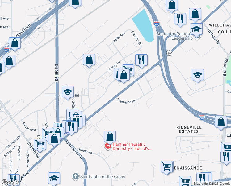 map of restaurants, bars, coffee shops, grocery stores, and more near 27181 Euclid Avenue in Euclid