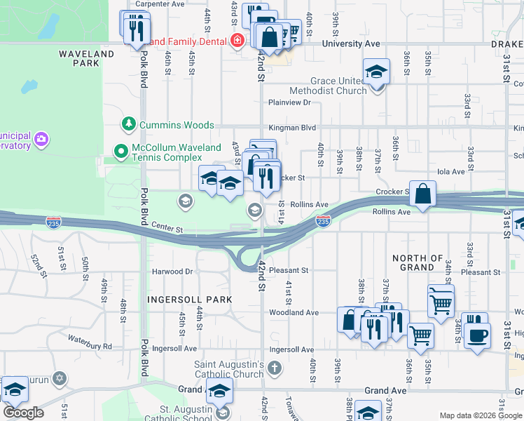 map of restaurants, bars, coffee shops, grocery stores, and more near 800 42nd Street in Des Moines