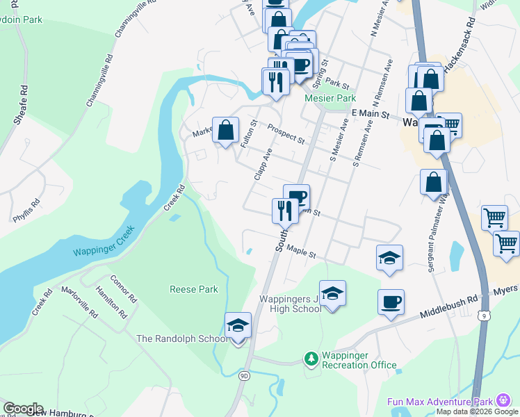 map of restaurants, bars, coffee shops, grocery stores, and more near 23 Franklindale Avenue in Wappingers Falls
