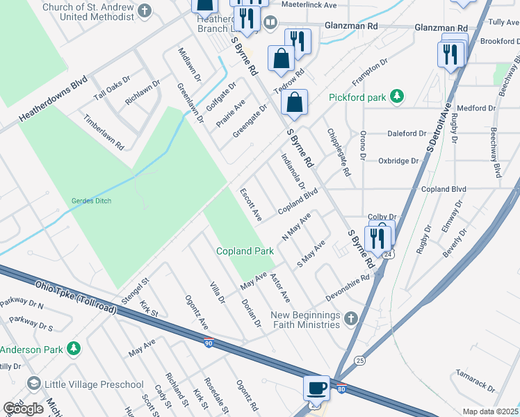 map of restaurants, bars, coffee shops, grocery stores, and more near 4653 Copland Boulevard in Toledo
