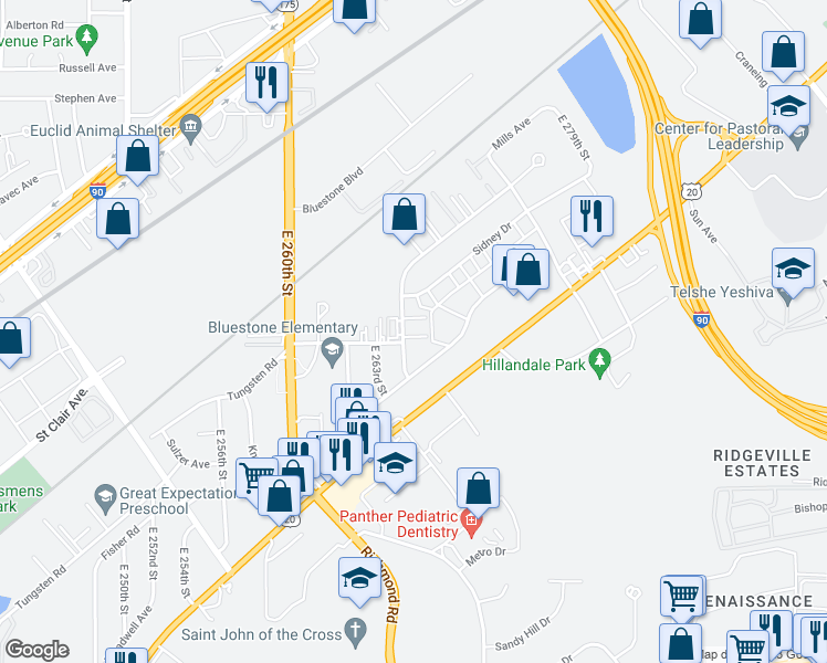 map of restaurants, bars, coffee shops, grocery stores, and more near 26660 Tungsten Road in Euclid