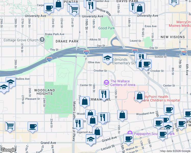map of restaurants, bars, coffee shops, grocery stores, and more near 833 18th Street in Des Moines