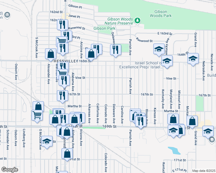 map of restaurants, bars, coffee shops, grocery stores, and more near 6608 Colorado Avenue in Hammond