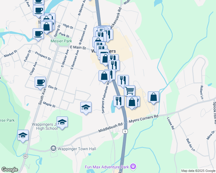 map of restaurants, bars, coffee shops, grocery stores, and more near 792 Old Route 9 in Wappingers Falls