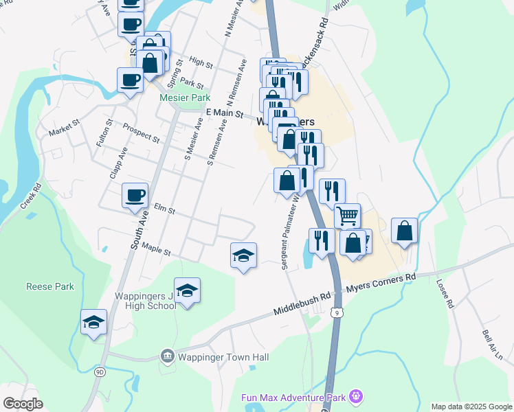 map of restaurants, bars, coffee shops, grocery stores, and more near 64 Wenliss Terrace in Wappingers Falls