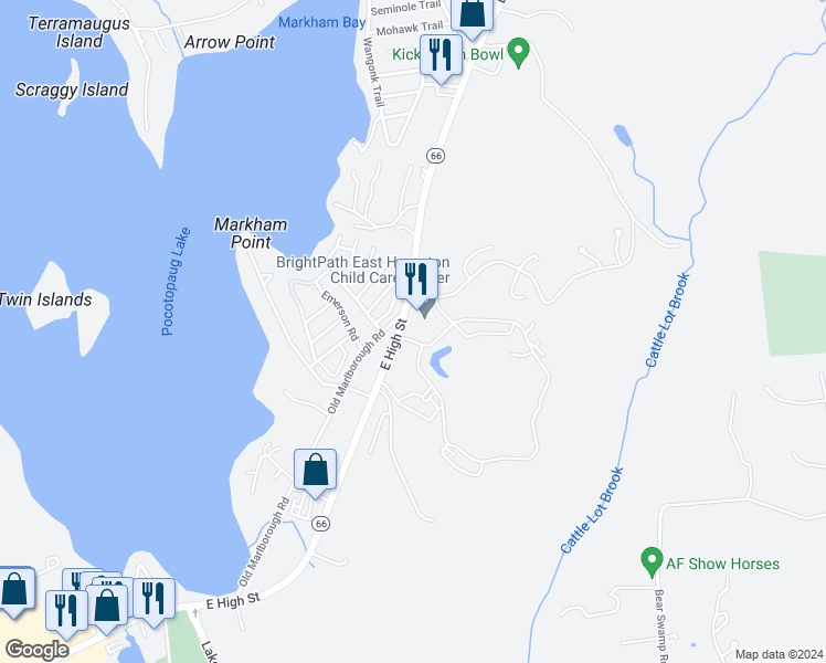 map of restaurants, bars, coffee shops, grocery stores, and more near 28 Tennyson Road in East Hampton
