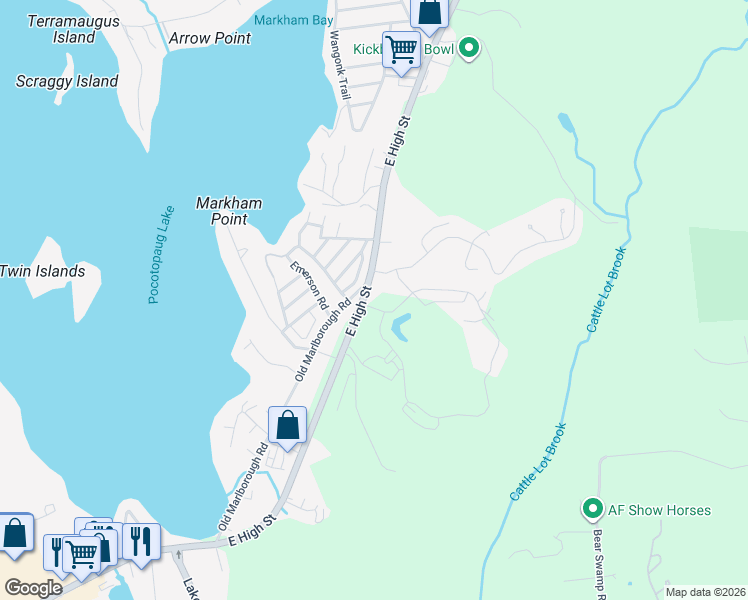 map of restaurants, bars, coffee shops, grocery stores, and more near 28 Tennyson Road in East Hampton