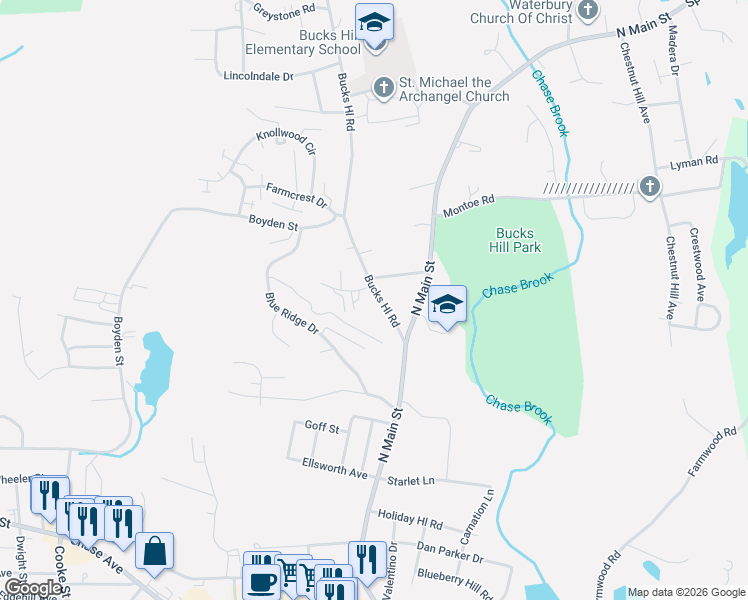 map of restaurants, bars, coffee shops, grocery stores, and more near in Waterbury