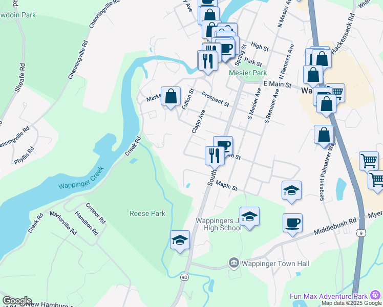 map of restaurants, bars, coffee shops, grocery stores, and more near 7 Creekview Court in Wappingers Falls