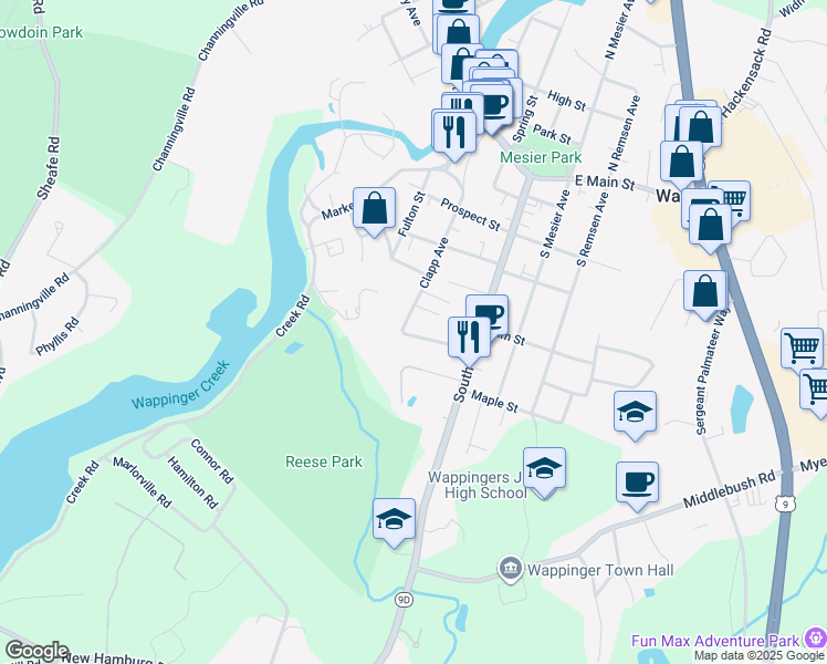 map of restaurants, bars, coffee shops, grocery stores, and more near 7 Creekview Court in Wappingers Falls