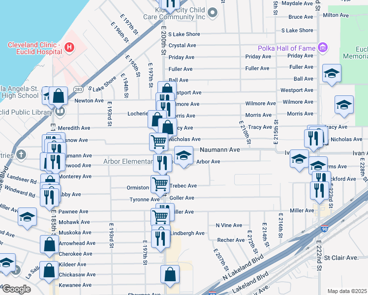 map of restaurants, bars, coffee shops, grocery stores, and more near 20271 Nicholas Avenue in Euclid