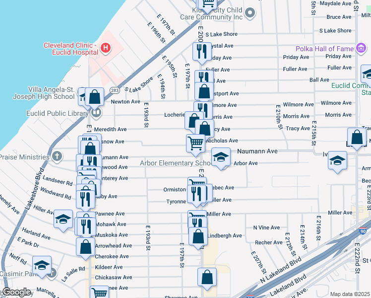 map of restaurants, bars, coffee shops, grocery stores, and more near 19831 Pasnow Avenue in Euclid