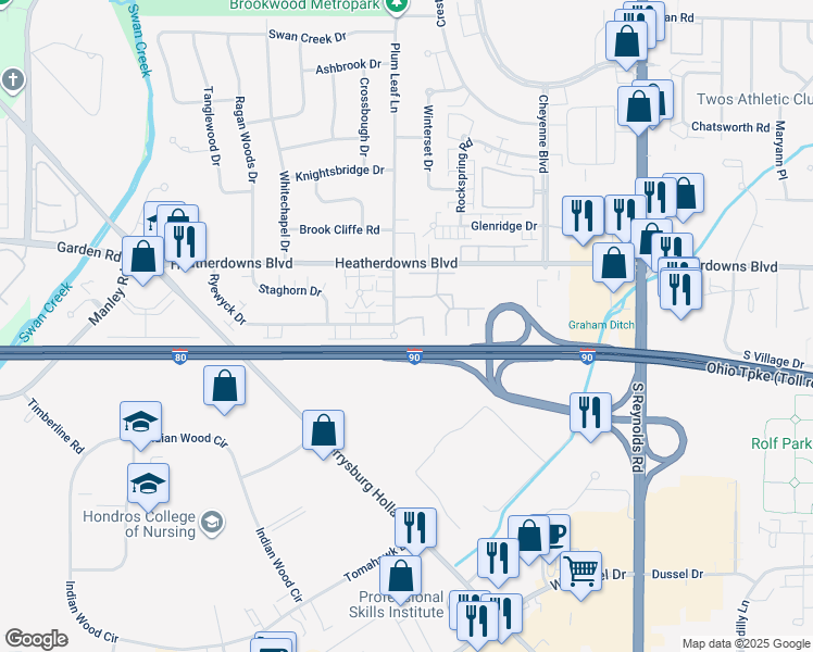 map of restaurants, bars, coffee shops, grocery stores, and more near 2544 Plum Leaf Lane in Toledo
