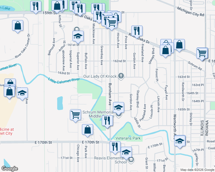 map of restaurants, bars, coffee shops, grocery stores, and more near 1424 Burnham Avenue in Calumet City