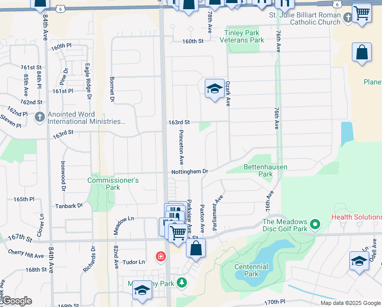 map of restaurants, bars, coffee shops, grocery stores, and more near 7931 163rd Court in Tinley Park