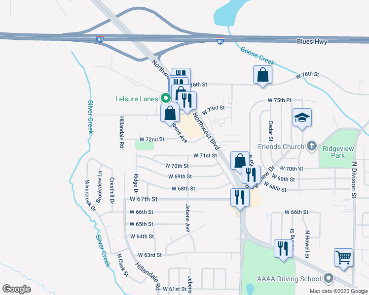map of restaurants, bars, coffee shops, grocery stores, and more near 2759 West 72nd Street in Davenport