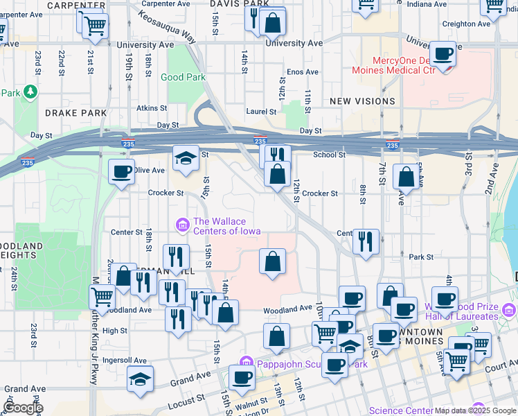 map of restaurants, bars, coffee shops, grocery stores, and more near 1236 Oakridge Drive in Des Moines