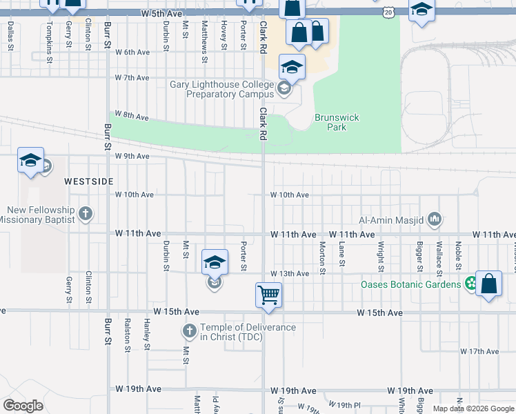 map of restaurants, bars, coffee shops, grocery stores, and more near 4700-4798 West 10th Avenue in Gary