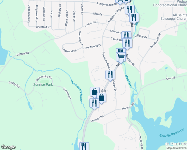 map of restaurants, bars, coffee shops, grocery stores, and more near 25 Hampshire Drive in Wolcott
