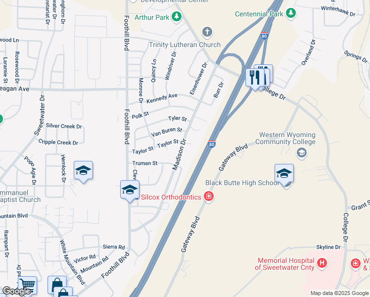 map of restaurants, bars, coffee shops, grocery stores, and more near 3723 Madison Drive in Rock Springs