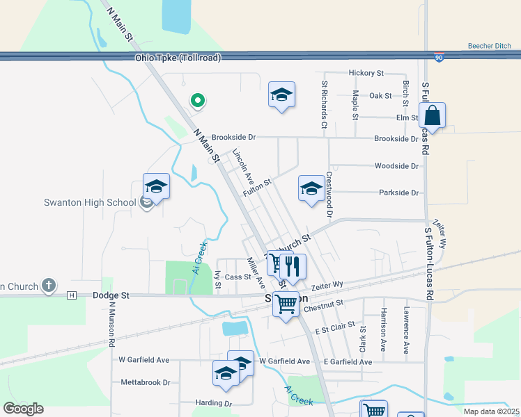 map of restaurants, bars, coffee shops, grocery stores, and more near 225 Woodland Avenue in Swanton