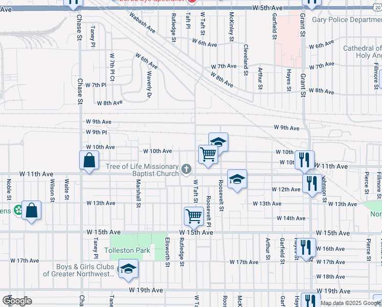map of restaurants, bars, coffee shops, grocery stores, and more near in Gary
