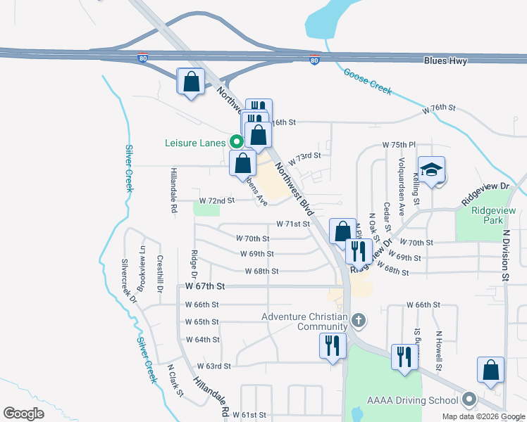 map of restaurants, bars, coffee shops, grocery stores, and more near 2759 West 72nd Street in Davenport