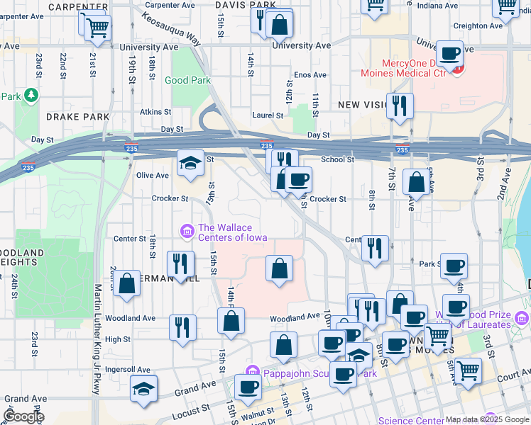 map of restaurants, bars, coffee shops, grocery stores, and more near 1236 Oakridge Drive in Des Moines