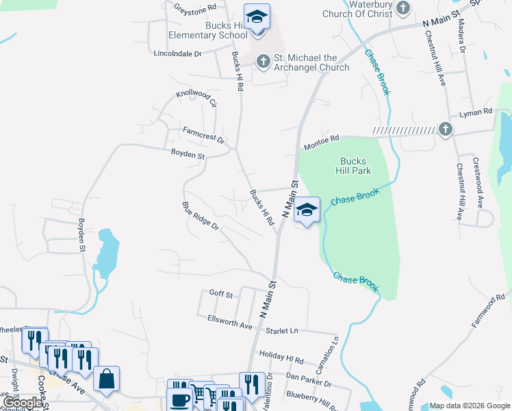 map of restaurants, bars, coffee shops, grocery stores, and more near in Waterbury