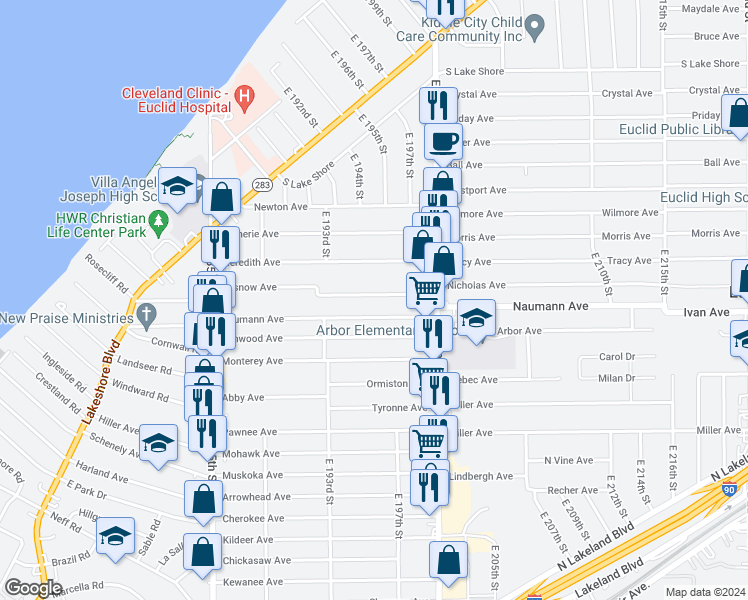 map of restaurants, bars, coffee shops, grocery stores, and more near 19580 Pasnow Avenue in Euclid