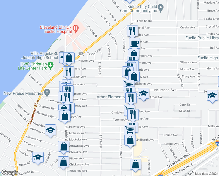 map of restaurants, bars, coffee shops, grocery stores, and more near 19500 Pasnow Avenue in Euclid