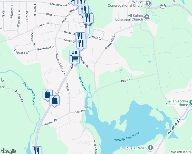 map of restaurants, bars, coffee shops, grocery stores, and more near 191 Brooks Hill Road in Wolcott
