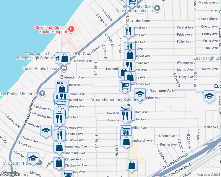 map of restaurants, bars, coffee shops, grocery stores, and more near 19561 Pasnow Avenue in Euclid
